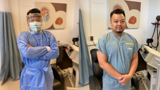 Two photos side by side of Duong Nguyen, on the left he is in full PPE and on the right he is simply standing smiling in the same room.