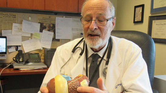 Dr. Gary Levy in his office holding a model of a liver