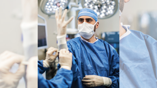 Dr. Mitesh Badiwala in the operating room, a surgeon assistant is helping him put on a glove.