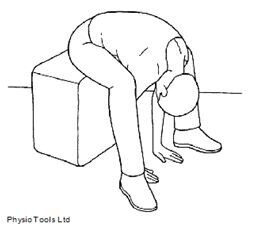 illustration of a person sitting on a chair and bending forward between their knees to feel a back stretch.