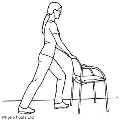 illustration of a person standing behind a chair, holding onto the back of the chair, stepping one foot back and pressing the back heel down to feel a stretch along the calf.