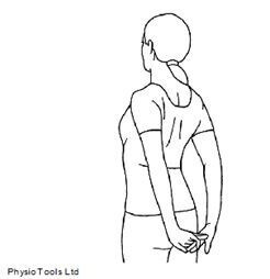 illustration of a person standing with their hands clasped behind their back and stretching their chest