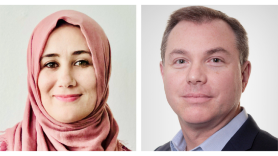 UHN's Dr. Wahiba Dhahri, (L) and Dr. Michael Laflamme pose while smiling in separate photos with a tan background.