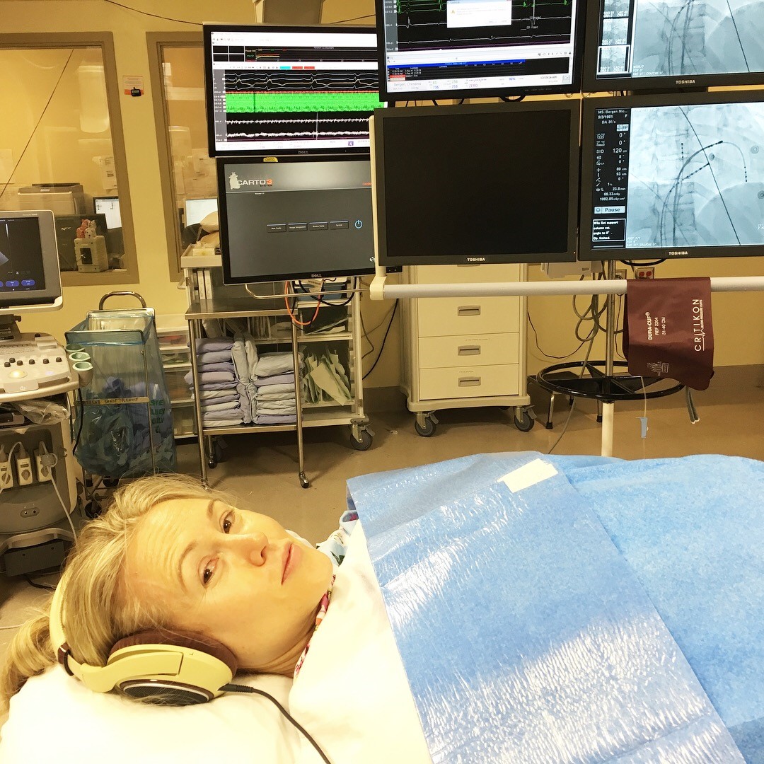 Nikki during her procedure with noise-cancelling headphones, enjoying a lengthy playlist she made with everything from Prince to Simon and Garfunkel. (Photo courtesy: Nikki Bergen).