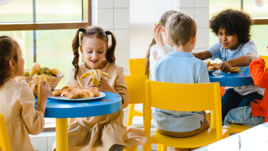 Students eating in a classroom