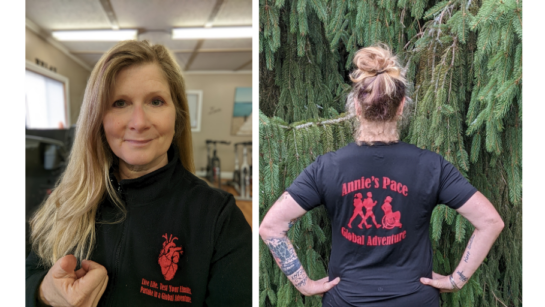 Annie Smith shows off her t-shirt while fundraising
