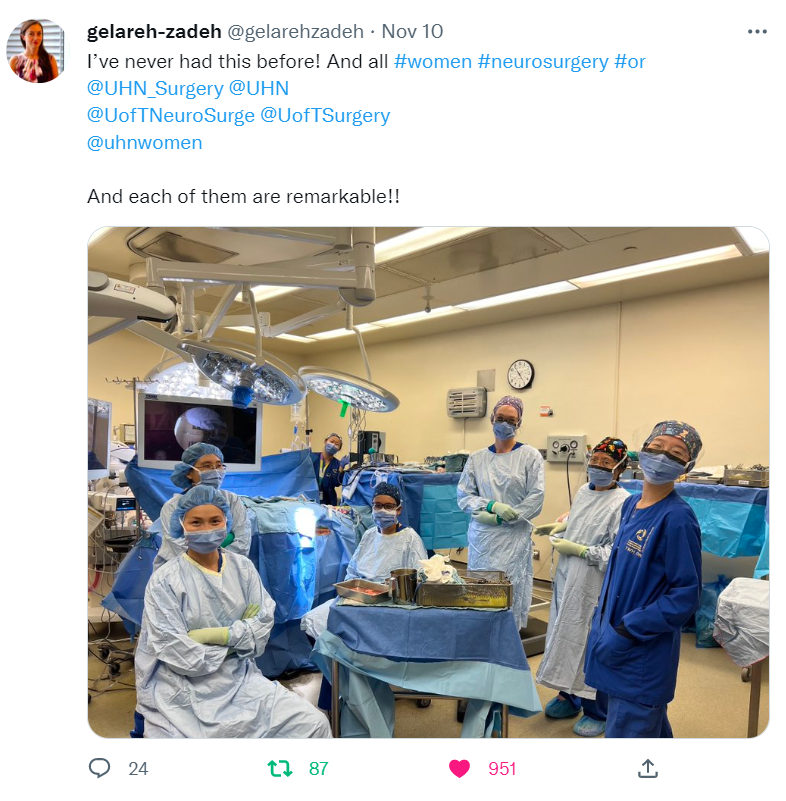 Tweet from UHN's Dr. Gelareh Zadeh with an all women surgery team.