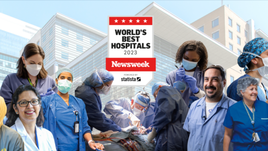 TGH in the background with healthcare heroes pictured and Neweek World's Best Hospitals logo in the middle.