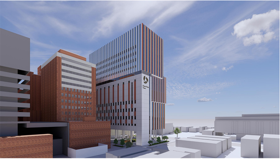 Artist rendering of the new patient tower at Toronto Western Hospital as viewed from Nassau St.
