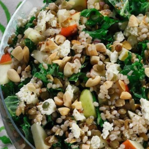 Barley and lentil salad with kale, apples, almonds and feta