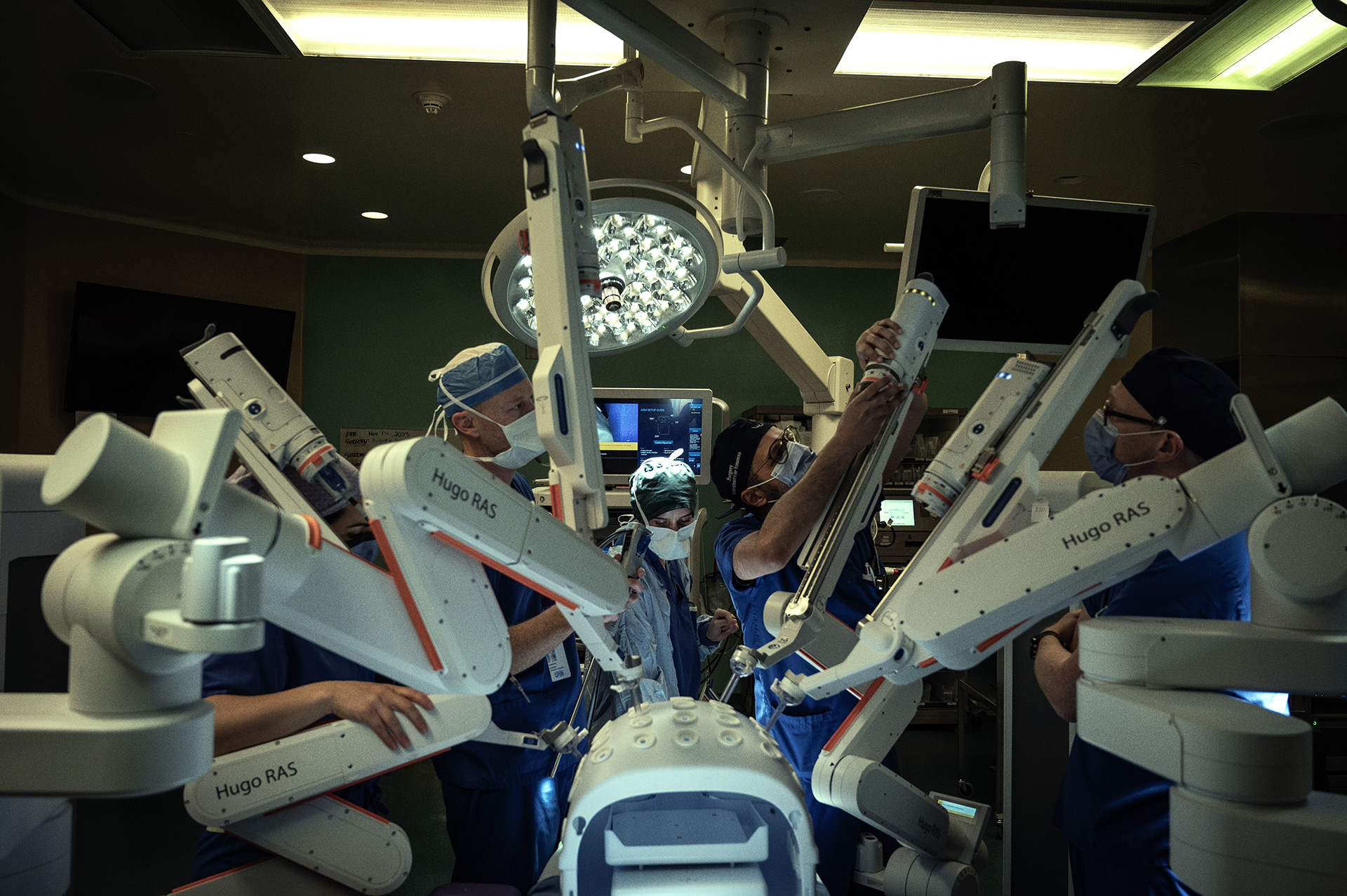 The surgical team preparing a surgical robot, Hugo, for a training session.