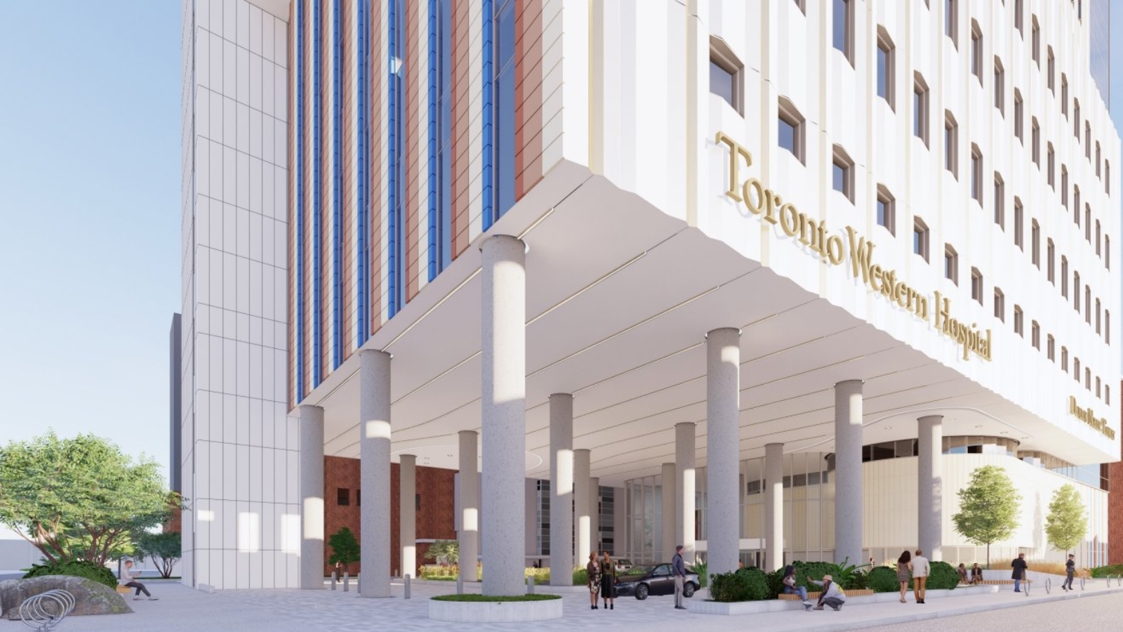 Artist rendering of the northwest view of the drop off area at the new patient tower at Toronto Western Hospital. (Image: Courtesy DIALOG Design)