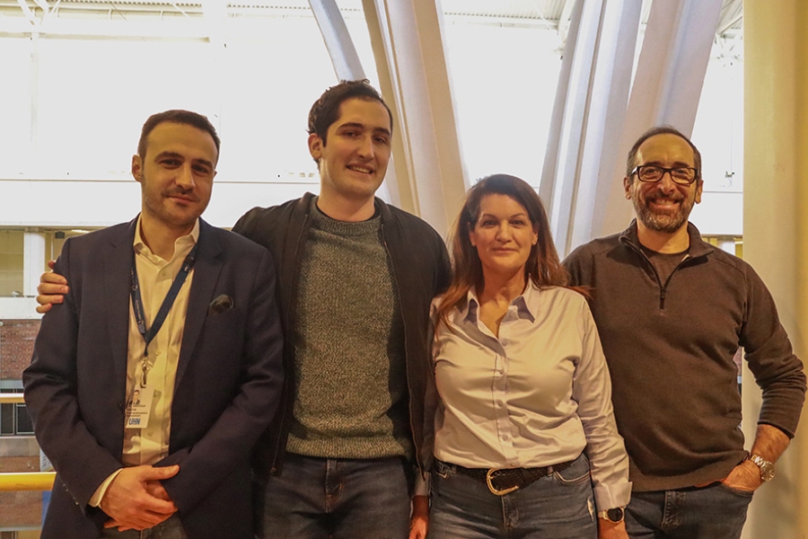 (L to R), Dr. Aristotelis Kalyvas, patient James Kanarek and parents Mary Connell and Julian Kanarek met for James' final appointment at Toronto Western Hospital on March 4, 2024, before transitioning James to Princess Margaret Cancer Centre for radiation therapy. (Photo: UHN)