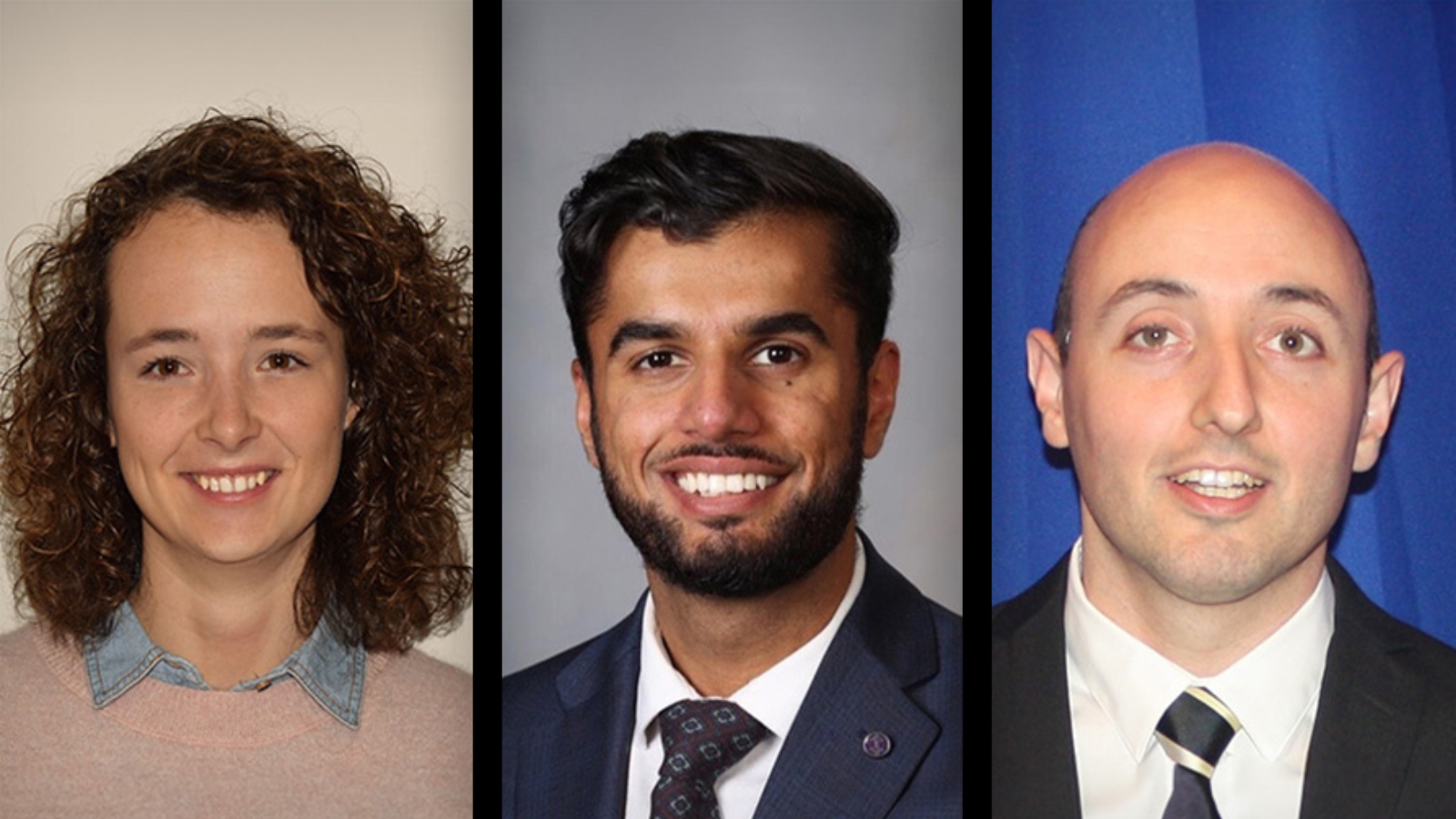 Three professional headshots side by side against blue backgrounds. From left to right: Dr. Marine Van Hollebeke with shoulder-length curly hair wearing a collared shirt and sweater,  Dr. Karan Chohan with a beard wearing a suit and tie, and Dr. Dmitry Rozenberg in a suit and tie.