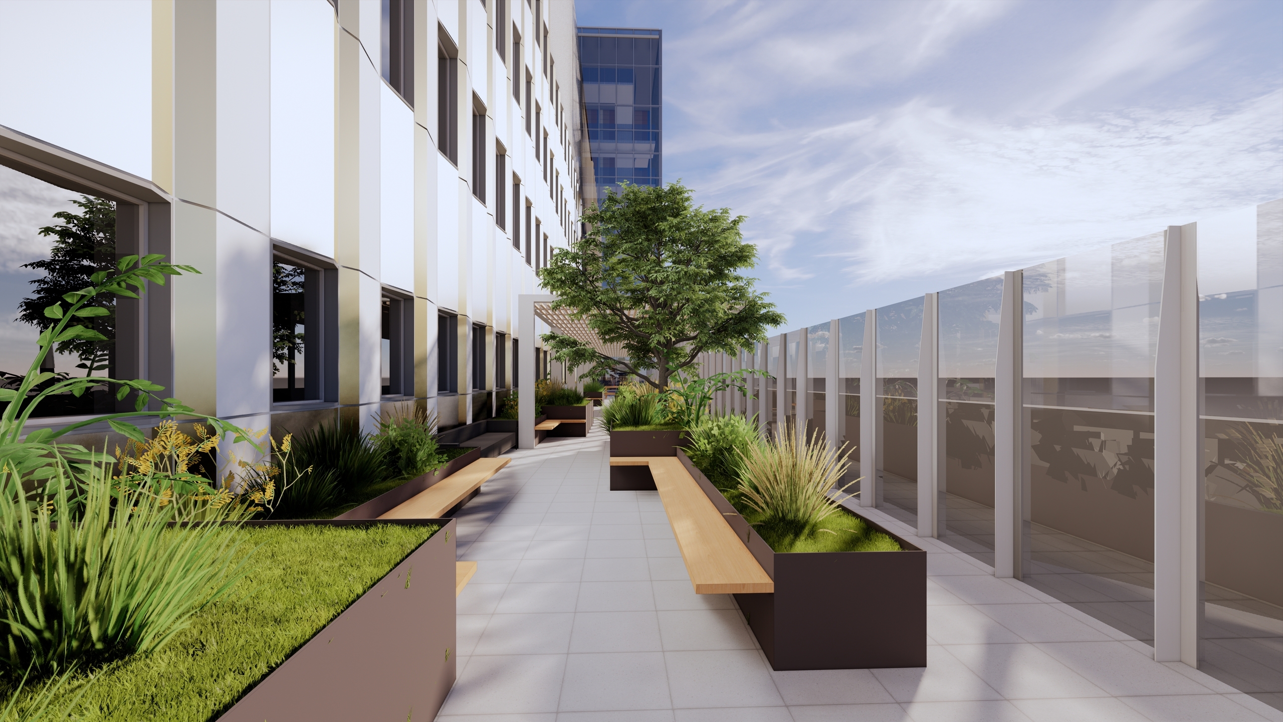 Exterior terrace of UHN Surgical Tower in Toronto.