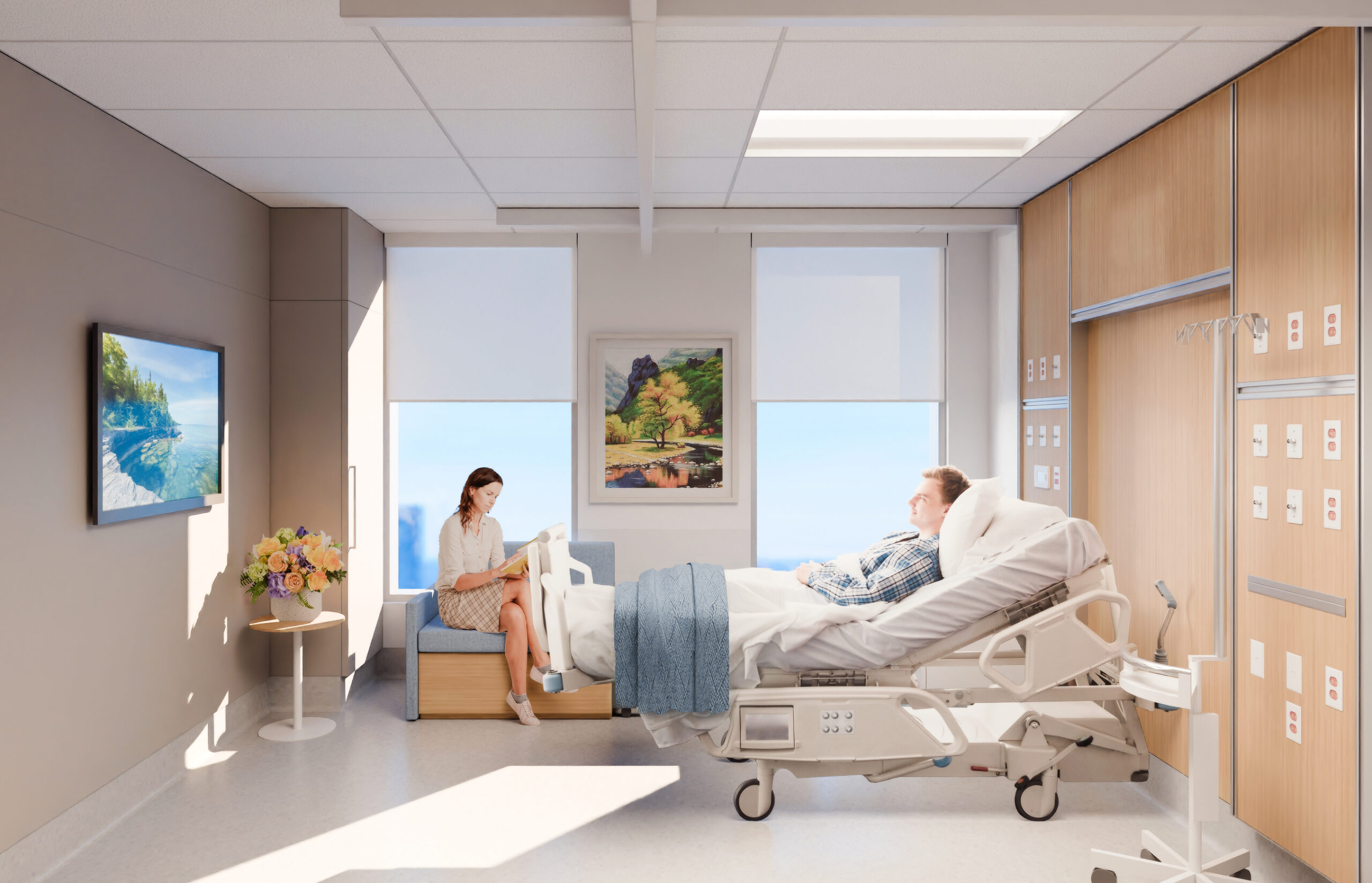 Surgical Tower hospital room with a bed and chairs and art displaying on the wall.