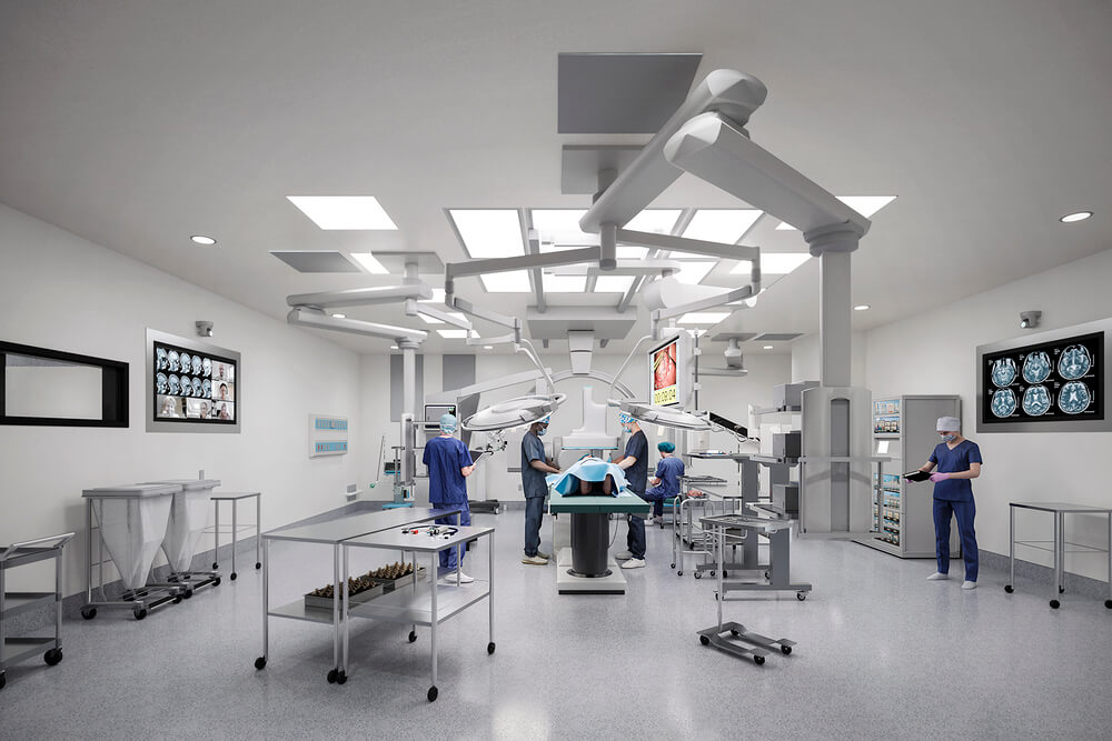 Doctors operating on a patient in the UHN Surgical Tower.