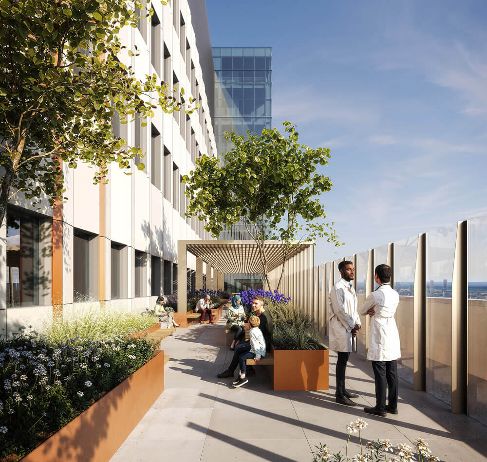 Rendering of UHN Surgical Tower terrace with people both sitting and standing.