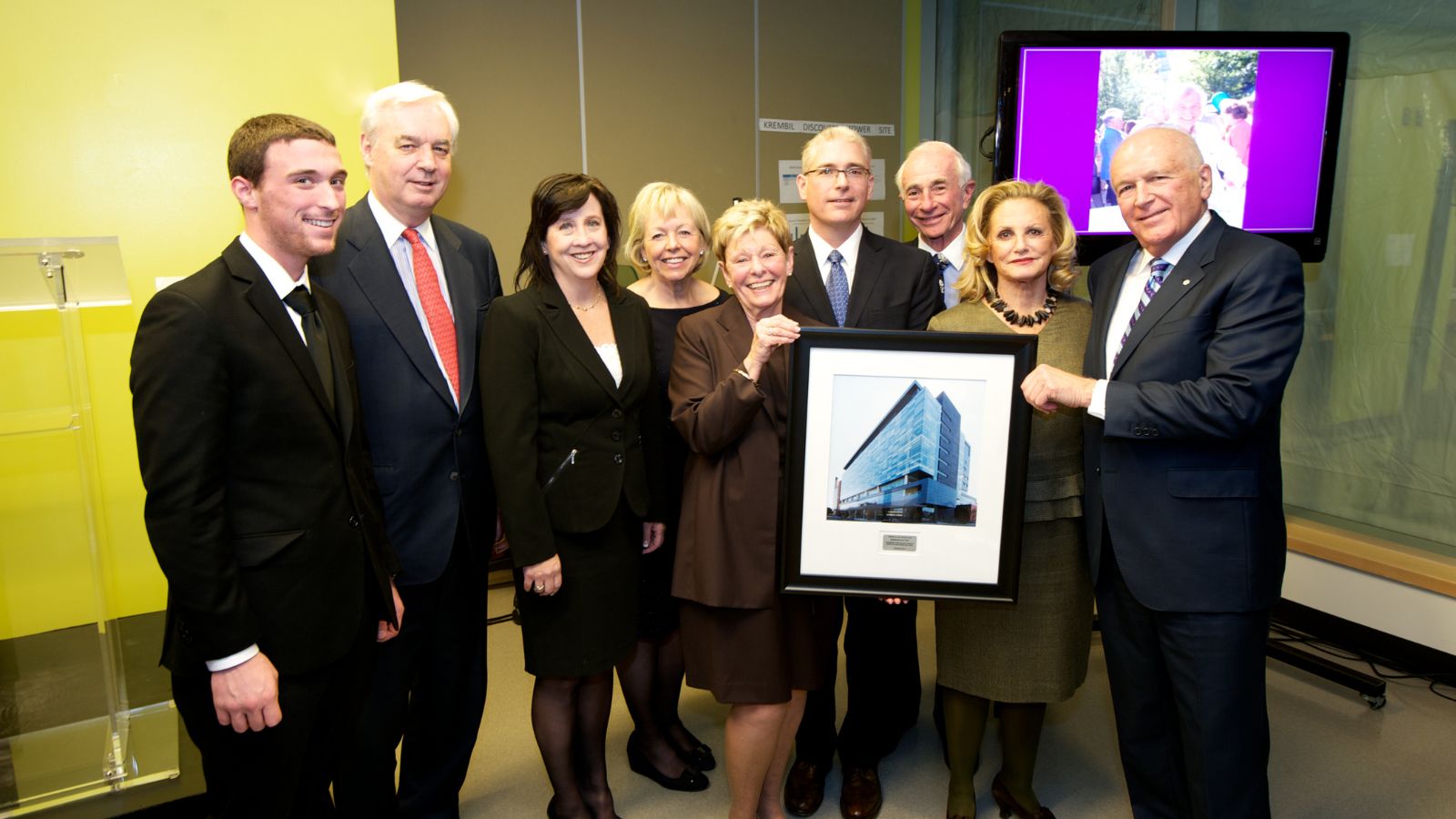 Opening of the Krembil Discovery Tower in 2013: L to R: Jacob Krembil, John Mulvihill, Stacey Krembil, Nancy Mulvihill, Linda Krembil, Mark Krembil; Dr. Gerry Halbert, Tootsie Halbert and Robert Krembil.