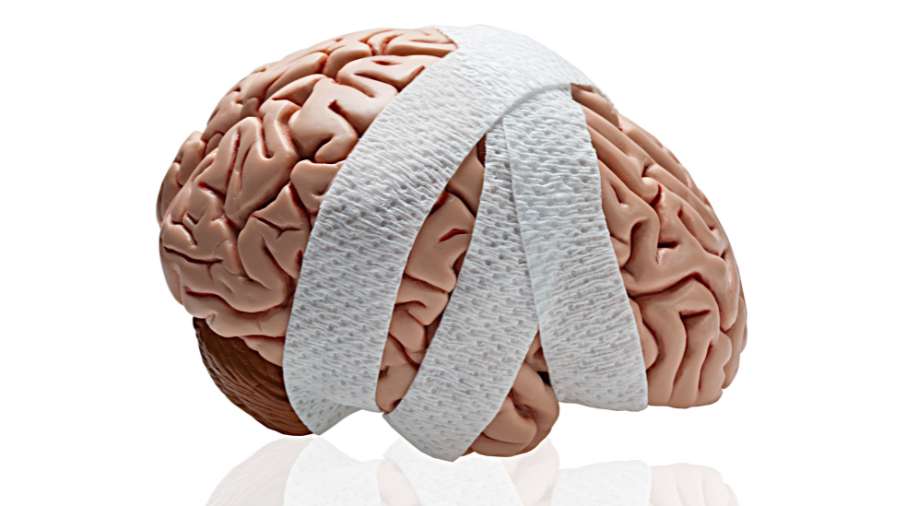 A graphic showing a brain bandaged and injured.