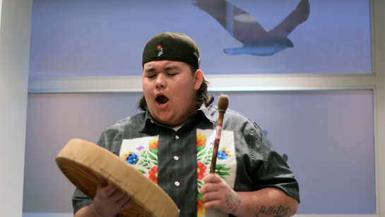 Kaeden Pelletier drumming at UHN's Toronto Western Hospital