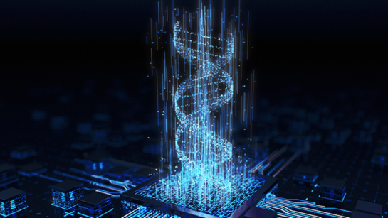 A graphic of a computer and DNA depicting artificial intelligence
