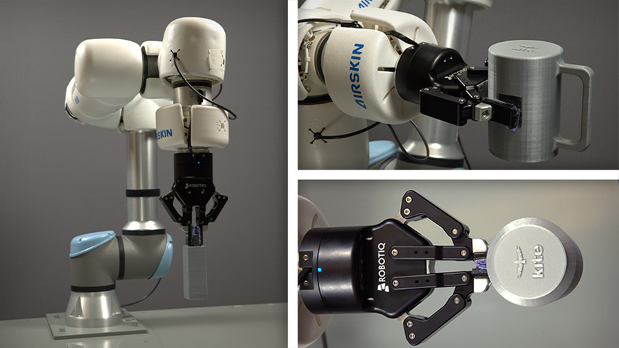 Modified, 3D-printed TRI-HFT objects and the robotic arm gripping them.