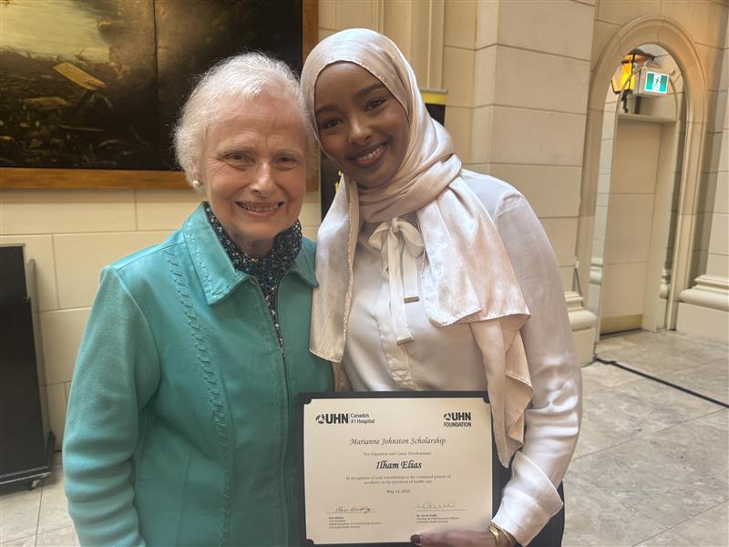 Taken at the Windsor Arms: From L: Elizabeth Johnston and 2025 Marianne Johnston Scholarship recipient Ilham Elias, at the 2025 Annual Nursing & Health Professions Staff Scholarships & Awards, presented by UHN Foundation.