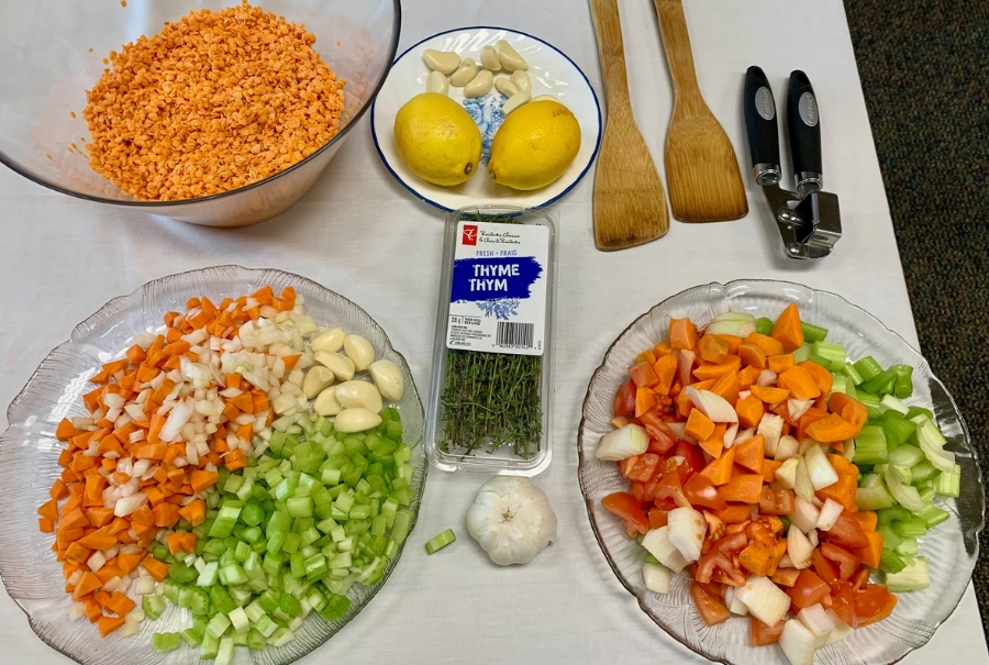 Ingredients on display on  table for lentil soup