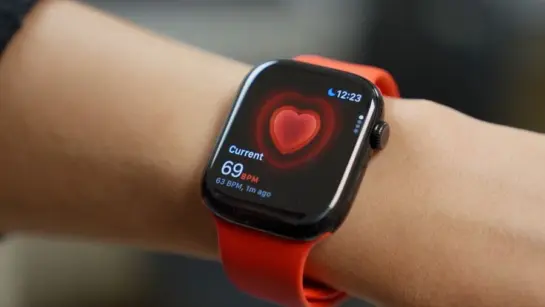 A smart watch showing a hear monitor.