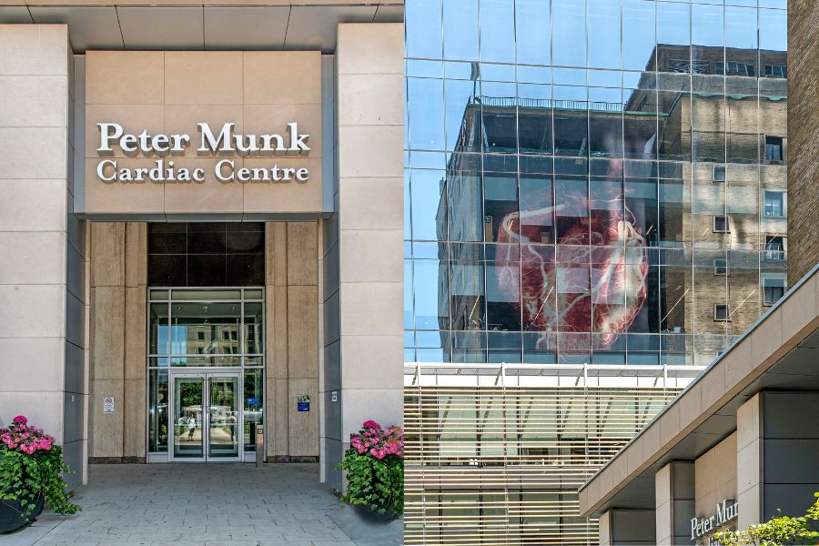 A split image of the Peter Munk Cardiac Centre entrance and a reflection of an add of a heart outside of the entrance at Toronto General Hospital.
