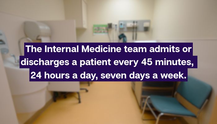 Text reads: The Internal Medicine team admits or discharges a patient every 45 minutes, 24 hours a day, seven days a week. It's overlayed on an image of an examination room at UHN.