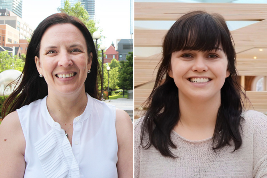 Researchers Sonya MacParland, left, and Rachel Edgar, right, pose for photos with different outdoor backdrops.