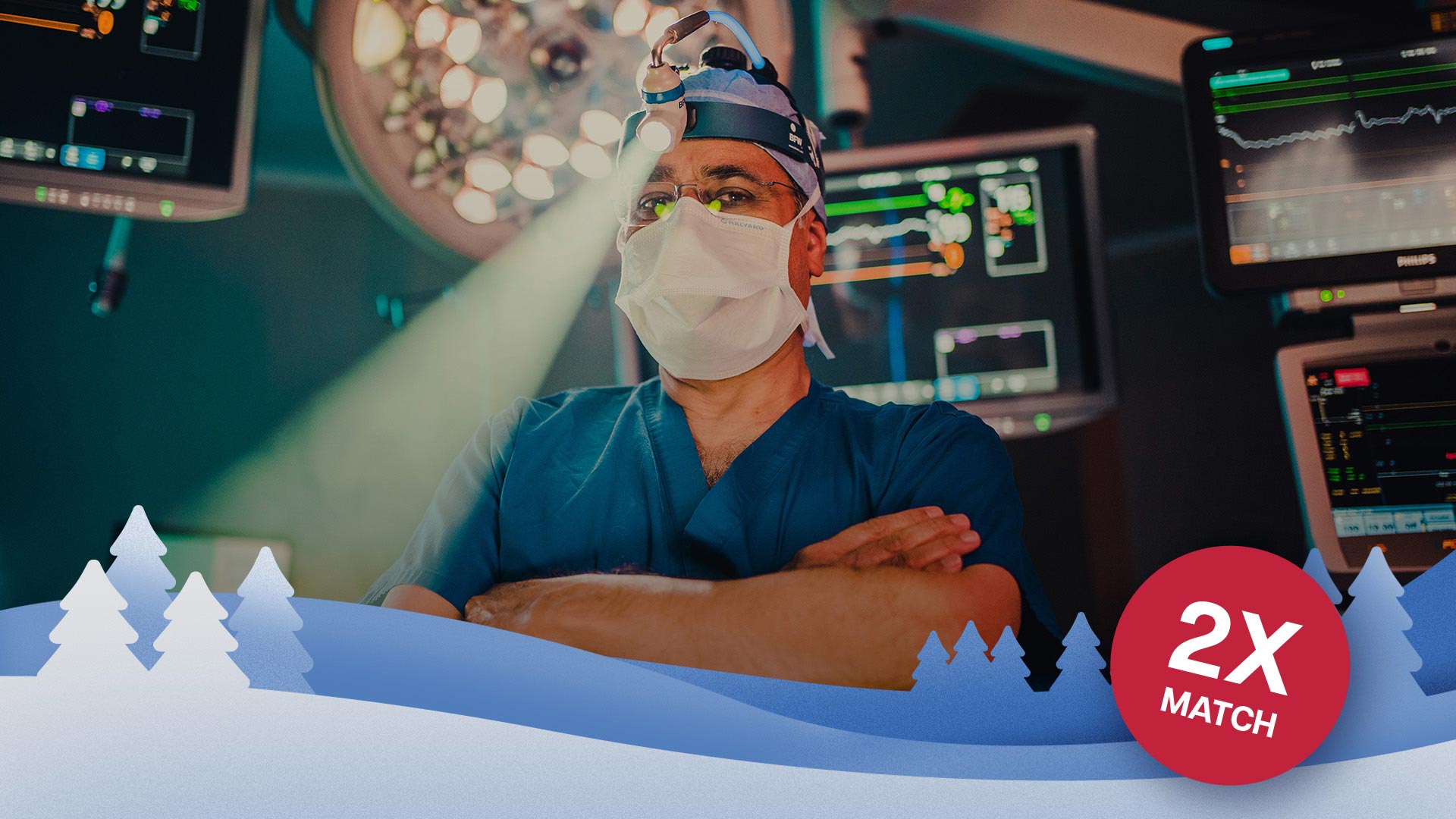 A surgeon in scrubs and a mask stands with arms crossed in an operating room; “2X Match” is displayed in a red circle over a winter-themed graphic at the bottom.